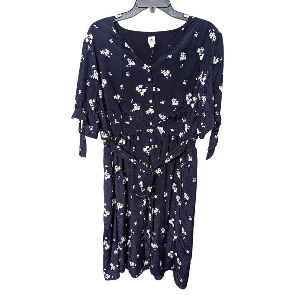 Gap Maternity Dress Navy Blue Floral Button Front Tie Waist and Sleeve NWT XL